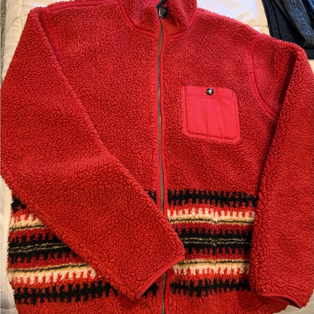 Red Sherpa Fleece Jacket with Striped Detail